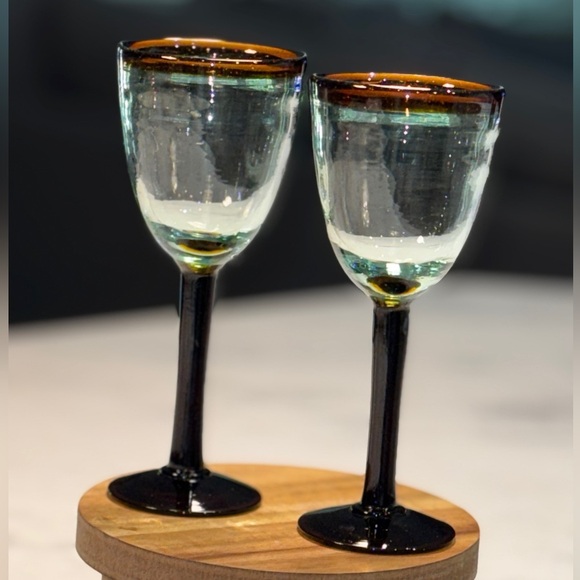 2 Set Hand Blown Wine Glasses. Amber Rim and Stem - Picture 5 of 5